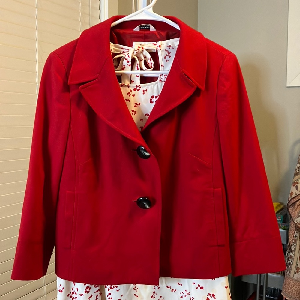 Trending Talbots Vibrant Red Blazer with Statement Black Buttons